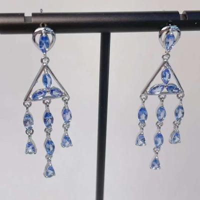 China TRENDY High End Luxury Pure Silver Natural S925 Gemstone Blue Tanzanite Dangle Earrings Stud Earrings Female for sale