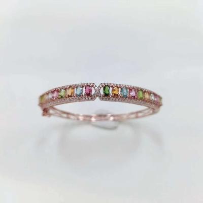 China Vintage Jewelry S925 Sterling Romantic Silver Natural Tourmaline Gemstone Color Bangle Bracelet for sale