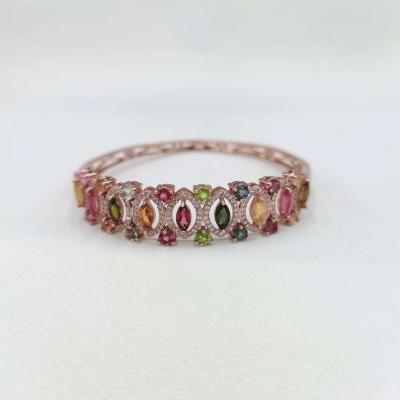 China Vintage Elegant Pure Silver Natural Jewelry Colored Tourmaline Bangle Bracelets Adjustable Size Women Elegant Chic for sale