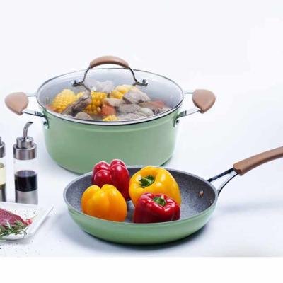 China Sustainable Cooking Pot Set OEM Non-Stick Coating Forged Frying Pan Kitchenware Cookware Skillet With Glass Cover Heat Resistant Coating for sale