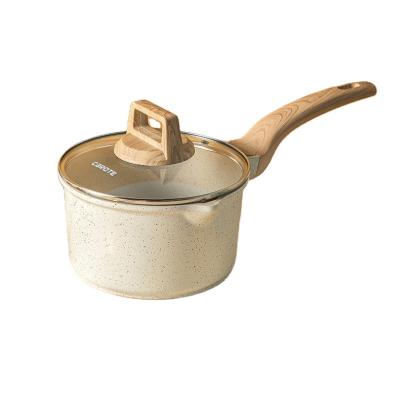 China Non Viable Sauce Pan Baby Food Milk Stick Cast Aluminum Cookware Pot with Spouts and Glass Lid for sale