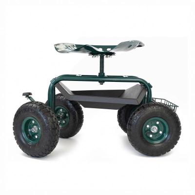 China Garden Cart With Wheels Garden Gardening Seat Four Wheel Movable Rolling Cart With Tool Tray And Basket for sale