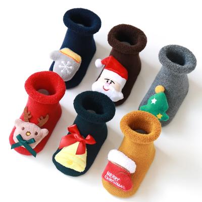 China Breathable JULY SONG Combed Cotton Baby Christmas Kicks Thick Anti-Slip Flooring Cartoon Terry Infant Baby Socks Winter for sale