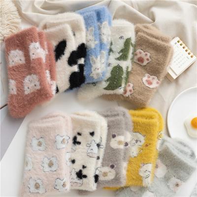 China Breathable JULY SONG Cute Cartoon Printing Warm Mink Fur Fleece Floor Socks Women Winter Female Thicken Soft Fluffy Sleep Socks for sale