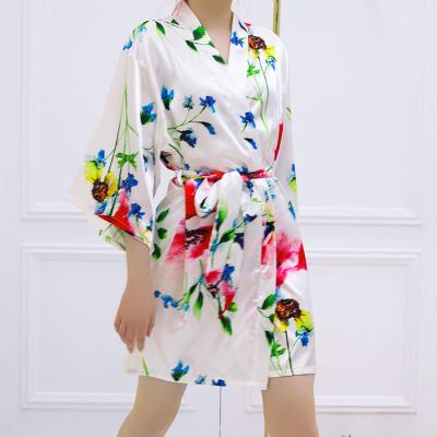 China QUICK DRY SONG OF JULY Flowers Printed Women Long Nightgown Robe Long Sleeve V-Neck Half Elegant Silk Satin Homewear Sashes Womens Faux Pajamas for sale