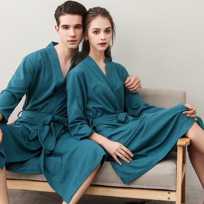 China Breathable SONG OF JULY Spring Summer Couples Solid Nightgown Polyester Waffle Bathrobes Plus Size Three Quarter Sleeve Robe For Women Men for sale