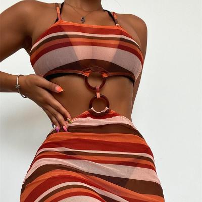 China Spandex/Polyester 3-Piece Set Gauze Swimwear See Through Beachwear Sleeveless Striped Swimsuit Women Sexy Swimwear for sale