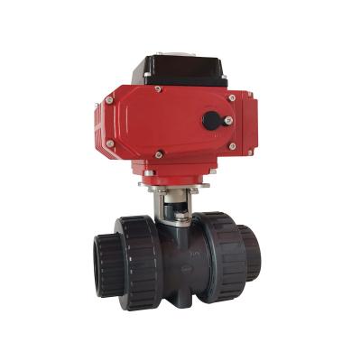 China General PVC Double Union 2 Way 3 Way Chemical Resistant PVC Electric Ball Valve With Actuator 220vac for sale