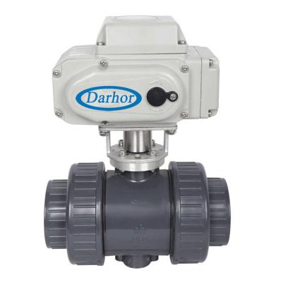 China General Darhor 24V double union actuator upvc electric ball valve for chemical alkali DN50 DN80 for sale