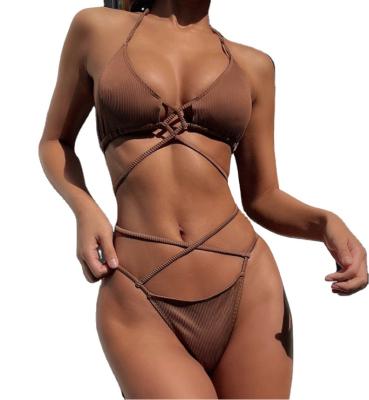 China 2021 Women swmwear Girl Waistband Swimwear Brown Fashionable Two Piece Thong Bikini Swimwear for sale