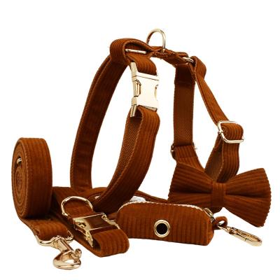 China Personalized Drop Shipping Wholesale Dog Accessories Designer Logo Soft Corduroy Dog Collar Leashes Harness Poo Bag Holder Bow Set for sale