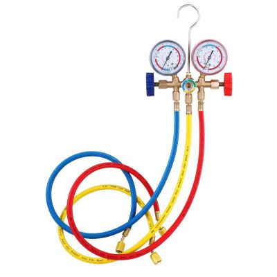 China Brass refrigerant manifold gauge set red and blue, with set of pressure gauge, hook, hoses, refrigeration tools for sale