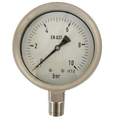 China 304 SS Or 316 SS HF 100mm Bottom Connection Liquid Filled Shockproof Pressure Gauge Hydraulic Pressure Gauge for sale