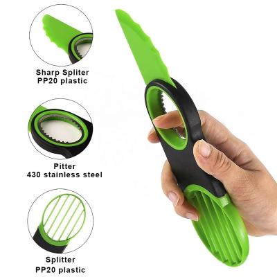 China Sustainable IN STOCK Cortador Aguacate Kitchen Gadgets 3 in 1 Plastic Avocado Cutter Knife Corer Avocado Slicer for sale