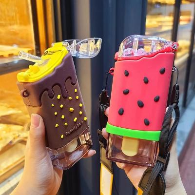 China Sustainable Kids water bottle for cute Ice cream with strap bpa free with custom logo eco friendly plastic manufacturers children for sale