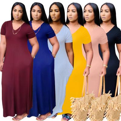 China HC-YT3205 Women's Breathable Clothes Dress 2020 Summer Solid Color V-neck Loose Pocket Dress Maxi Dresses Women for sale