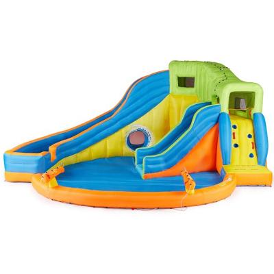 China Wonderful PVC 17.6' x 21.8' Inflatable Water Park Pool Jumping Bounce Houses With Climbing Swing Sets for sale