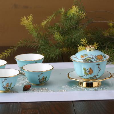 China Viable Graceful Banquet Hotel Lady Turquioa 7pc Kungfu 4 Person Porcelain Blue Premium Serving Cup Tea Set Auratic Amazone for sale