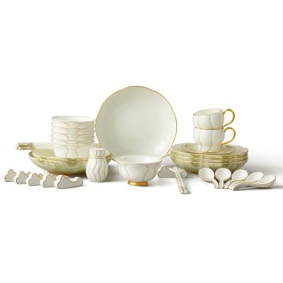 China Sustainable High Quality Dinnerware Sets Ceramic Magnesium Reinforced Porcelain Dish Set Dinnerware Wedding Gold Ceramic Rim for sale