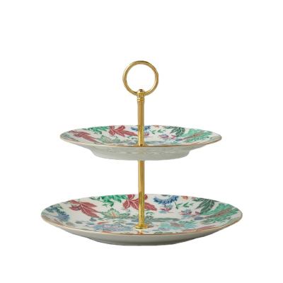 China Auratic Design Flower Wedding Viable Western Elegant Porcelain Double Layer Ceramic Cake Stand Set For Dessert Table for sale