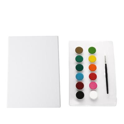 China Cotton Customized Patterns Stretched Cotton Canvas Painting Set With 12 Colors Watercolor Paint for sale