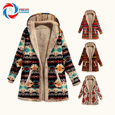 China Anti-wrinkle Fashion Winter Plush Warm Coat Single Breasted Ethnic Print Jacket With Hood For Women for sale