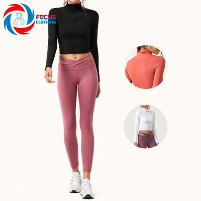 China Breathable Hot Selling Fitness Yoga Shirts Woman Running Apparel Casual Double Sided Long Sleeves Bare Top for sale