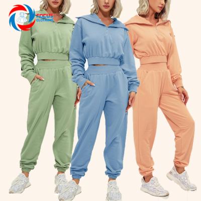 China Breathable Yiwu Kerui Workout Clothing Women Zipper Neck Wide Sweatsuit Set Drop 2 Piece Tracksuit For Ladies for sale