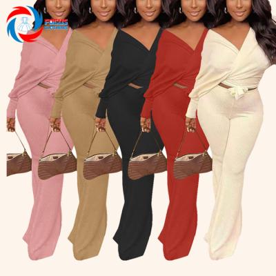 China Breathable Simple Style Luxury Lady Ribbed Clothes Fall V-Neck Bow Bow Long Sleeve Women Leisure Two Piece Sets for sale