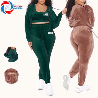 China Viable Newcomers Fall Casual Clothing Women Plus Size Velvet Coats Drawstring Gold Pants Jogging 3 Piece Set for sale