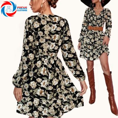 China High Quality Vintage Floral Women Casual Wear V-Neckline Long Sleeve Breathable Elastic Waist Drop Dresses For Women for sale