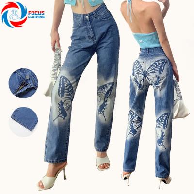 China Best Selling Breathable Custom Made Straight Ladies Butterfly Print Denim Breeches Jeans Pants For Women for sale