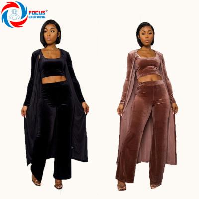 China Factory Wholesale Women Breathable Winter Clothing Velvet Cardigan Tank Tops Long & Pant 3 Piece Set for sale