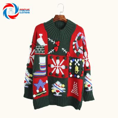 China New Autumn Breathable Red Green Christmas Apparel Splicing Amazon Design Women Knitted Long Sweater for sale