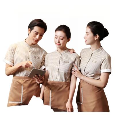 China restaurant & Wholesale female bar waitresses striped uniforms top reception hotel polyester fast food restaurants custom logo for sale