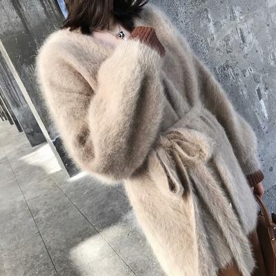 China 2023 NEW Women Outwear Mink Cashmere Sweater Cardigan With Belt Lantern Sleeve Fluffy Coat Jacket AL008 for sale