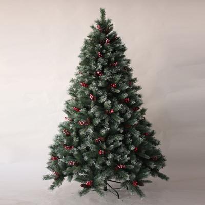 China Fireproof and Eco-friendly Premium Artificial Hinged Partially Snow Assembled Pine Christmas Tree with Red Berries for sale