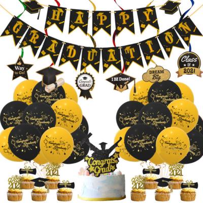 China Festival Decoration Pick Graduation Party Cupcake Topper Paper Banner Black Gold Latex Balloon Set for Graduation Party for sale