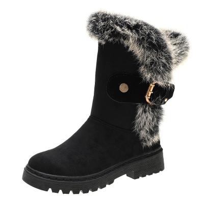 China Winter 2021 Mid-tube Fashion Plush Snow Lit Boots Women's Thick-soled Warm Casual Shoes Suede Cotton Boots Belt Buckle New Women for sale