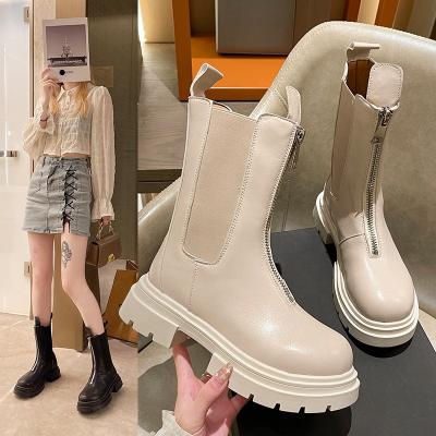 China Women's Round Women's Fashion Front Zip Martin Boots Ladies Thin Black Platform Leather Flat Ankle Boots for sale