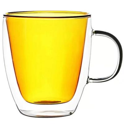 China Sustainable Manufacturer's Multi-Color High Borosilicate Double Glass Coffee Mug With Handle for sale