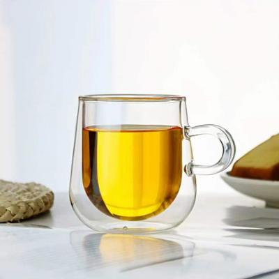 China Double Layer Cup Milk Juice Drinks Viable Heat Resistant Glass Mug With Handle Heat Insulating Glass Coffee Mug for sale