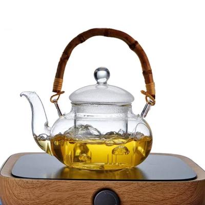 China WITH LID 600ml Handle Bamboo Handle Glass Teapot With Filter Blister Top Borosilicate Glass Teapot Home Tea Cooker for sale