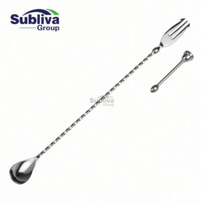 China Viable Spiral Pattern 346mm Steel Bar Spoon Bartender Stainless Cocktail Shaker Cocktail Mixing Spoon Fork and Spoon for sale