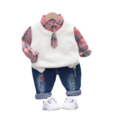 China 2021 Casual Made In China Children's Tie Check Three-Piece Suit 1-5 Years Boys Long Sleeve Vest Set for sale