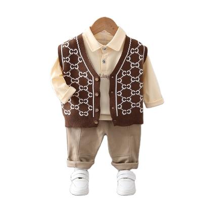 China 2021 1-5 Years Boys High Quality Children's Round Neck Check Three-Piece Suit Long Sleeve Handsome Vest Set for sale