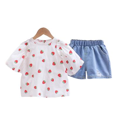 China 2021 hot-selling high-quality thin children's casual baby clothes 1-5 years old girls' jeans short-sleeved two-piece suit for sale