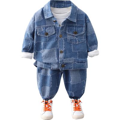 China 2021 1-5 years old boys china kids lapel two piece set casual long sleeve denim casual suit for sale