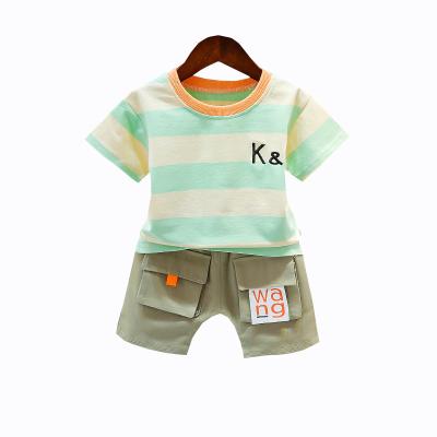 China 2021 casual made in china new summer short sleeve cartoon striped boys round neck kids two piece set for sale