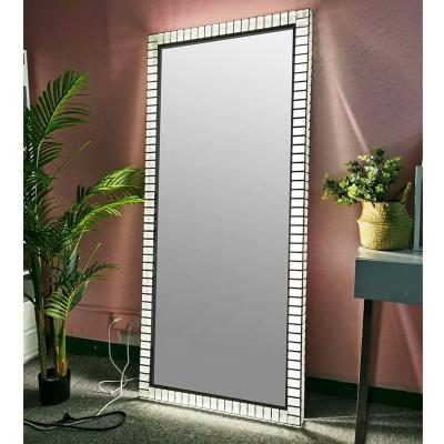 China Hot Sale Modern Luxury Large Standing Full Body Lighted Floor Length Crystal Beveled Mirror for sale